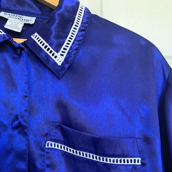 Vintage Satin Pyjamas Set Royal Blue Size Large - Picture 16 of 16